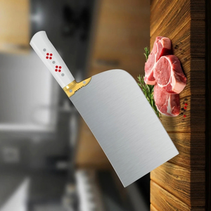 Couteau à découper la viande robuste PK-D-WP, lame large argentée, manche blanc, design à points rouges, bolster doré, couteau de boucher pour la viande - Product Image 6