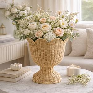 Vase Urne Moderne en Rotin Festonné sur Pieds, Tendance Actuelle, Décoration d'Intérieur, Vase à Fleurs, Urnes de Table, Style Bohème Vintage, Fabriqué au Vietnam - Product Image 5