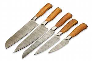 Ensemble de 5 couteaux de cuisine en acier Damas artisanal, manche en bois d'olivier - Product Image 1