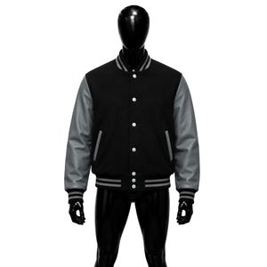 Chaqueta Varsity Negra y Gris para Hombre, Cuerpo de Lana, Mangas de Cuero Sintético, Cuello Camisero, Estilo Casual para Otoño - Product Image 1