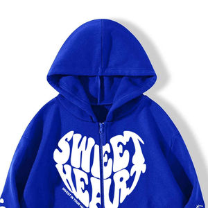 Sweat à capuche zippé imprimé cœur pour homme, coupe oversize streetwear, bleu, coupe classique, en molleton bouclette - Product Image 3