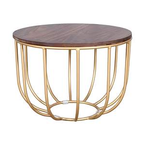 Modern Round Coffee <b>Table</b> with Wooden <b>Top</b> and Gold Cage Base Geometric Metal Frame Accent <b>Table</b> for Living Room <b>Decor</b> - Product Image 1