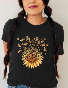 Camiseta de Algodón de Manga Corta para Mujer, Estilo Casual, Transpirable, con Estampado de Girasoles, Corte Ajustado, Retro, para Verano - Product Image 3