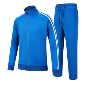 Ensemble de survêtement bleu personnalisé pour hommes, avec veste zippée à col montant et rayures blanches, style sportif, respirant, streetwear d'automne - Product Image 1