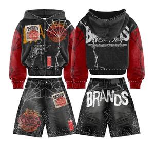 Conjunto Deportivo con Capucha para Hombre SPLENDID APPAREL, Estampado de Telaraña Roja y Negra, Poliéster, Estilo Urbano, Ropa de Verano, Manga Larga, Pantalones Cortos - Product Image 1