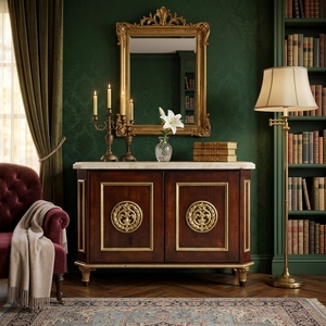 Aparador de Madera Neoclásico Francés Antiguo con Tapa de Mármol, Detalles en Latón Dorado y Ormolu, Mueble de 2 Puertas para Sala de Estar o Comedor - Product Image 3