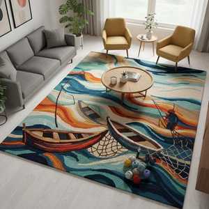 Modern MultiColor Wool/Silk Area <b>Rug</b> Scalloped Border Contemporary Tufted Non-Slip PET Friendly Handmade Living Room <b>Rug</b> 1 Piece - Product Image 1