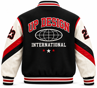 Veste universitaire noire personnalisée avec manches rouges et blanches, veste bomber brodée, fabricant de vêtements streetwear OEM, fournisseur en gros