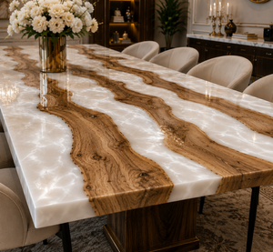 Table à manger en résine époxy blanc nacré, table rivière faite à la main, décoration moderne de luxe, mobilier de bureau exécutif - Product Image 3