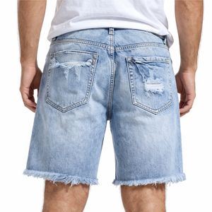 Shorts de mezclilla desgastados de color azul claro para hombre, con dobladillo deshilachado, casuales, de verano, rasgados, de mezclilla suave, de primera calidad. - Product Image 3