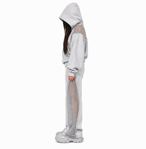 High Quality 100% Cotton Mesh Panel Oversize Hooded Sweatshirt Sweatpants <b>Set</b> Women Casual Streetwear Rhinestone Winter OEM ODM - Product Image 1
