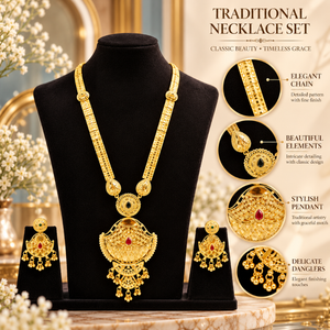 Elegante Conjunto de Collar Largo de Cobre y Latón con Baño de Oro de 24K, Pendientes con Colgante de Abanico, Joyería Nupcial India para Mujer - Product Image 5