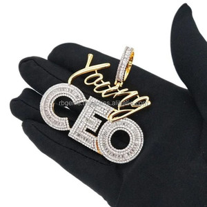 Pendentif personnalisé avec logo initial, serti de diamants Moissanite VVS taille baguette, plaqué or sur argent sterling 925, style Hip Hop pour les fêtes - Product Image 1