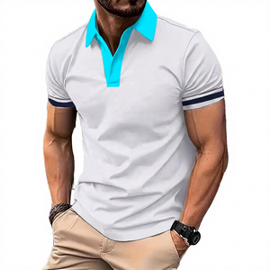 Men's <b>White</b> Short Sleeve Polo <b>Shirt</b> With Navy Casual Knitted Cotton Breathable Regular Fit Solid Color Design - Product Image 5