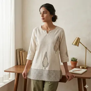 <b>Women</b>’s Short Cotton <b>Kurti</b> Printed Ethnic Tunic Top 3/4 Sleeve Casual Indian Wear with Decorative Neckline and Hem - Product Image 4