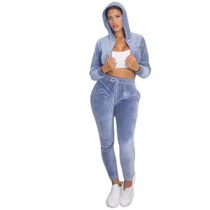 <b>Women</b> Solid Color Hooded <b>Tracksuit</b> Full Sleeve Drawstring Pants Casual Wear Autumn Style Custom Blue <b>Velour</b> Set For <b>Women</b> - Product Image 1