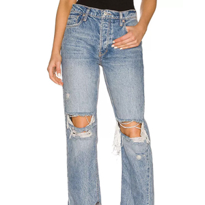 Jean en denim déchiré et délavé à taille haute, coupe droite, longueur cheville, en coton, style décontracté d'été pour femme - Product Image 6
