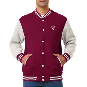 Fashion Forward Men Jacket Letterman Style Wool Blend <b>Covered</b> <b>Button</b> Front Contrast Sleeve Design Casual Daily Wear Clothing - Product Image 1