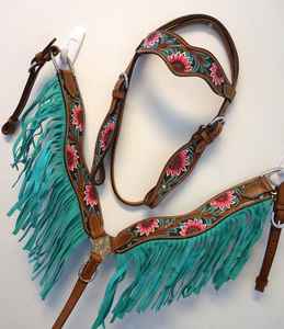 Conjunto de cabezada y pechera para caballo estilo western, de cuero vacuno con diseño floral de girasol, ligero, al mejor precio - Product Image 2