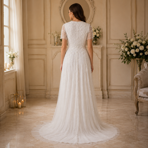 Women White Beaded Tulle Wedding Dress V Neck Short Sleeve A Line Bridal Gown Embellished Floor Length Elegant Ceremony Dress - Product Image 3