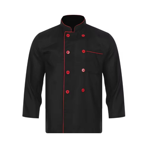 Chaqueta de Chef Negra para Hombre, Manga Larga, Ribete Rojo, Cierre de Botones, Uniforme para Restaurante o Bar, Tejido de Poliéster - Product Image 1