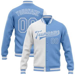 แจ็คเก็ตแฟชั่นแบบสปอร์ตสีขาวฟ้าอ่อนสั่งทำขายส่ง ปักอักษรแบบ Letterman ติดกระดุมเต็มตัว - Product Image 1