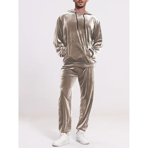 <b>Men</b> <b>Velvet</b> Tracksuit Set Hooded Full Length Solid Color Casual Sportswear Pants <b>Jacket</b> Loose Fit Autumn Wear - Product Image 1