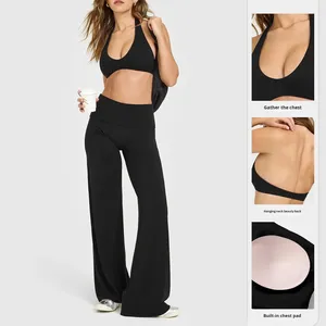 Nouvel ensemble de yoga 2 pièces pour femme, automne-hiver, asymétrique, coupe ajustée, manches longues, couleur unie, antibactérien, avec pantalon large légèrement évasé - Product Image 2