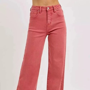 Jean en denim rose taille haute à jambe large, en coton, couleur unie, coupe droite, délavage clair, respirant, imperméable, style automne - Product Image 6
