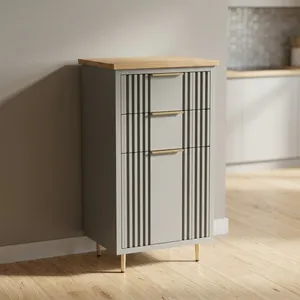 Scandinavian Gray Storage Bathroom <b>Cabinet</b> with Wood Top and Brass Handles 3 Drawers Space Saving Design - Product Image 1