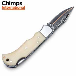 Cuchillo de Caza Plegable de Acero de Damasco Chimps International, Hoja de Punta Caída con Incrustaciones de Cobre, EDC de 7 Pulgadas, Hueso de Camello - Product Image 3