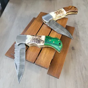 Damascus Steel Folding Hunting <b>Knife</b> Clip Point Blade Serrated Edge Elk Horn Wood <b>Handle</b> Leather Sheath Industrial Grade <b>Knife</b> - Product Image 2