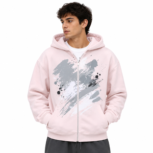 Sweat à capuche zippé pour homme, rose clair, coupe oversize, en molleton de coton, avec poche kangourou, motif graphique abstrait, décontracté, automne-hiver, marque privée OEM - Product Image 1