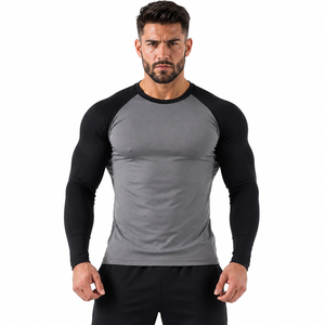 Camiseta Deportiva de Manga Larga para Hombre, Color Gris y Negro, de Secado Rápido, con Bloques de Color, en Spandex y Poliéster - Product Image 1