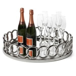Wholesale Luxury Round <b>Silver</b> Metal <b>Tray</b> Bulk Hotel Serving Platter with Elegant Interlocking Chain Rim and <b>Mirror</b> Base Finish - Product Image 1