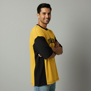 T-shirt Jaune Oversize Homme à Manches Courtes Col Rond avec Bordure Contrastante en Coton Tricoté, Logo Imprimé sur le Devant, Style Décontracté à Prix Abordable - Product Image 6