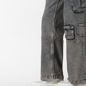 Jeans Cargo de Mezclilla para Mujer, Cintura Alta, Corte Holgado, Color Sólido, Lavado a la Piedra, Algodón, Casual, con Logotipo Personalizado - Product Image 4