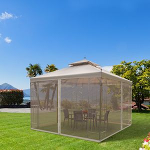 Gazebo da Giardino Moderno 10x10 in Acciaio con Tettoia Marrone Impermeabile, Tende in Rete di Ferro e Ripiani per Arredamento Esterno - Product Image 2