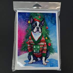 Whimsical Boston Terrier Tarjetas de felicitación de Navidad Paquete de 8 A7 Tamaño 5x7 Tarjetas de notas en blanco con sobres - Product Image 3