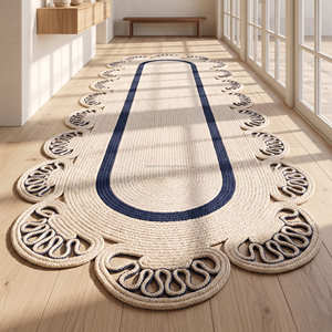 Designer Oval Cotton Rope Area Rug with Natural Centre Panel for Scandinavian Bedroom & Reading Nook - Product Image 6