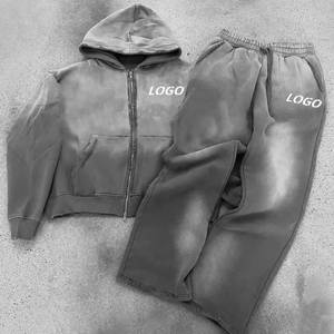 Ensemble de survêtement unisexe gris en coton à capuche avec fermeture éclair, manches longues, couleur unie, effet délavé, vêtements de sport décontractés avec impression de logo - Product Image 3