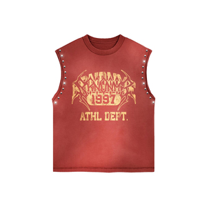 Red Sleeveless Acid Wash T-Shirt <b>Set</b> With Shorts Screen Print Street Style Men's Crew Neck Rhinestone Fashion Athletic Wear - Product Image 2