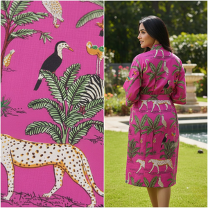 Kimono con estampado de jungla rosa tropical para mujer, cuello en V, mangas largas, 2 bolsillos delanteros, cordón, ropa de dormir de algodón, bata, vestido - Product Image 3