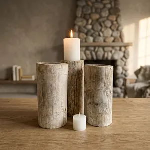Porte-bougie cylindrique en bois fait main, écologique, décoration intérieure et extérieure - Product Image 6