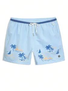 Men's Contrast Color <b>Light</b> Blue Summer Casual Beach Holiday Vacation Holiday Elastic Waist Drawstring Pants, Board Shorts - Product Image 1