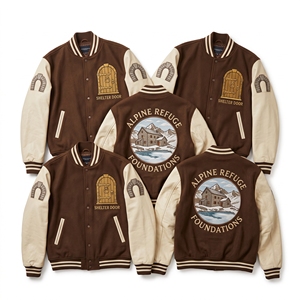Chaqueta Letterman al por mayor, abrigo universitario de lana verde oliva con bordado Barrel Masters y mangas de cuero coñac, ropa de abrigo. - Product Image 2