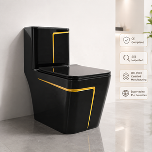 Inodoro Moderno de Una Pieza, Negro con Amarillo, Diseño Elegante, Descarga por Arrastre, Taza Cuadrada - Product Image 3