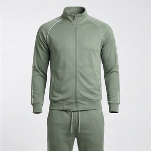 Survêtement vert pour homme, fermeture éclair intégrale, col montant, vêtements de sport décontractés avec poches latérales, matière respirante en polyester et coton, pour l'automne - Product Image 1