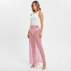 Faldas largas de malla transparente con pedrería de cintura alta para mujer, faldas largas de verano de alta calidad con pedrería transparente para damas - Product Image 2