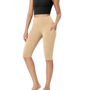 Custom Wholesale Women <b>High</b> Waist <b>Knee</b> Length Yoga Shorts With Side Pocket Breathable Stretch Gym Fitness Training Biker Shorts - Product Image 4